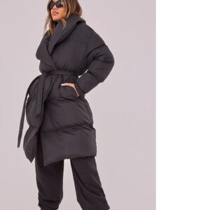 Black Oversized Collar Belted Longline Puffer